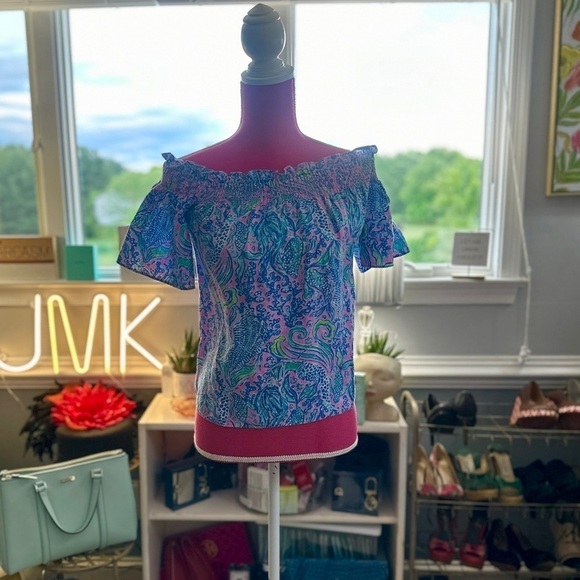 🦩🌴🦩👚Leanne Off-The-Shoulder Linen Top in Lilac Rose We Mermaid👚🦩🌴🦩 - Picture 3 of 11